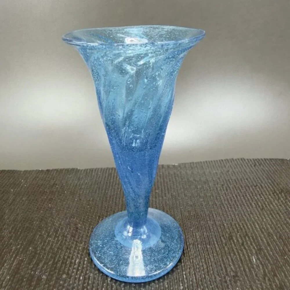Hand Blown Blue Trumpet‎ Art Glass Vase Vessel With Air Bubbles Glass Bud Vase